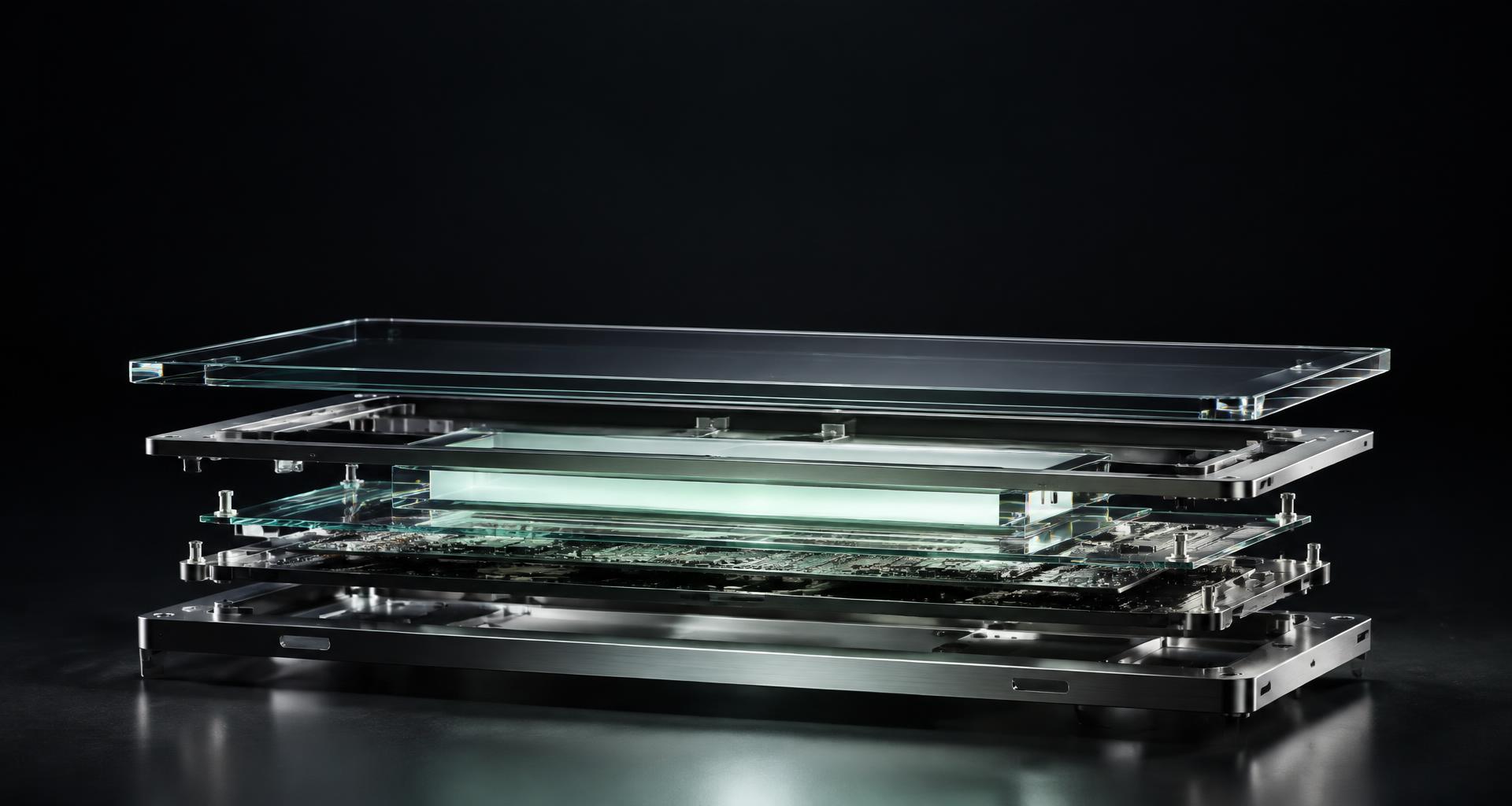 Exploded glass and graphite assembly, a conceptual study of the layers behind a technology product